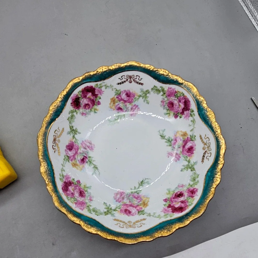 Vintage Porcelain Floral Serving Bowl Pink Roses Teal Gold Gilt Scalloped 9.25